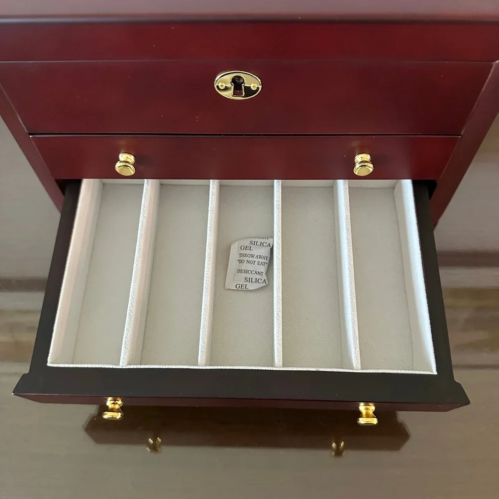 Jere Wooden Jewelry Box Chest Large 3 Drawer Locking Cherry Finish Organizer